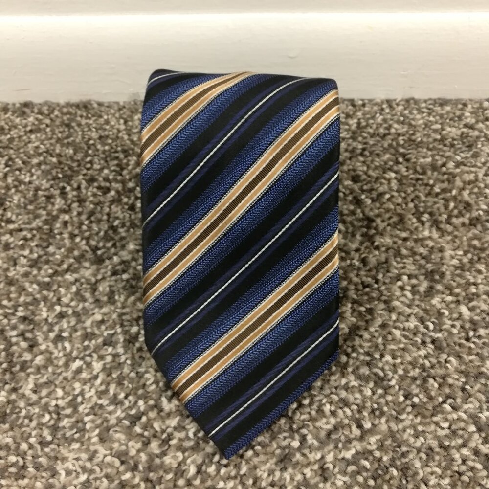 Brioni Neck Tie 100% Silk  Brown Blue Striped 59.5L 3.5W